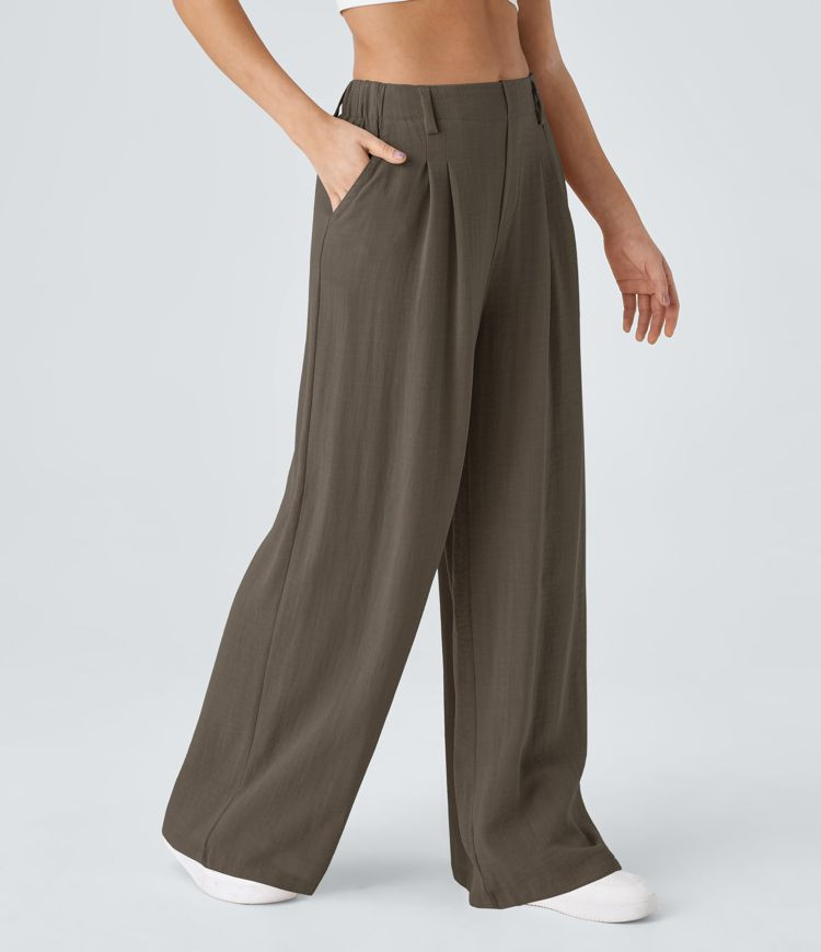 Women’s High Waisted Side Pocket Wide Leg Flowy Solid Palazzo Casual Linen-Feel Trousers - Hala... | Halara UK
