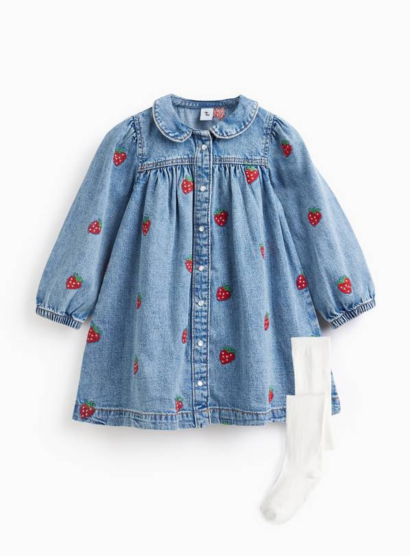 Denim Strawberry Print Dress & Tights Set 1-2 years | Tu Clothing