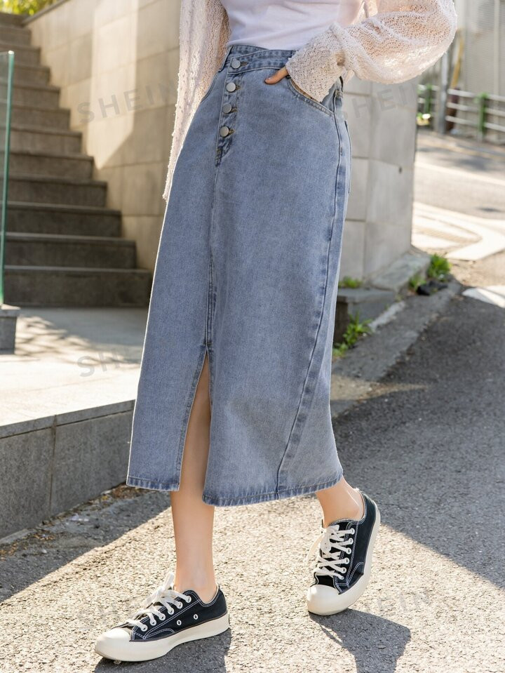 DAZY Button Fly Split Hem Denim Skirt | SHEIN