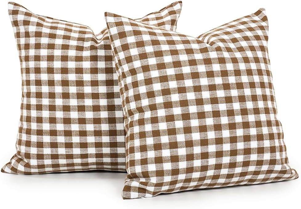 Farmhouse Brown Gingham Plaid Throw Pillow Covers 18x18, Cottage Core Decor | Amazon (US)