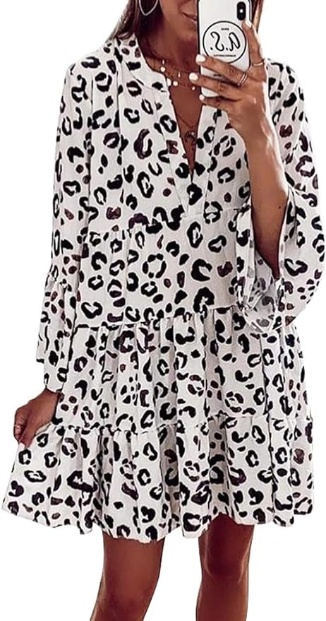 Happy Sailed Womens Long Sleve Leopard Print Tunic Shirt Dress V Neck Casual Loose Flowy Swing Sh... | Amazon (US)