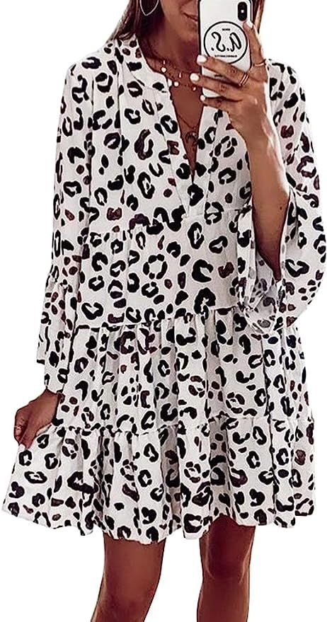 Happy Sailed Womens Long Sleve Leopard Print Tunic Shirt Dress V Neck Casual Loose Flowy Swing Sh... | Amazon (US)