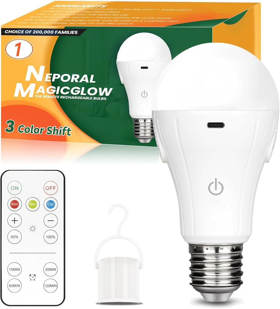 Neporal MagicGlow Rechargeable Light Bulbs with Remote, 3 Colors Shift + Stepless Dimmable Batter... | Amazon (US)