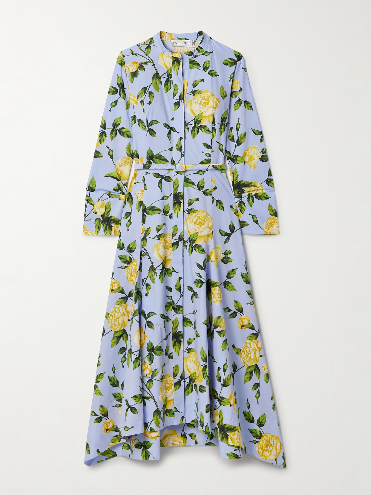 Oscar de la Renta - Belted Floral-print Cotton-blend Poplin Midi Shirt Dress - Blue | NET-A-PORTER (US)