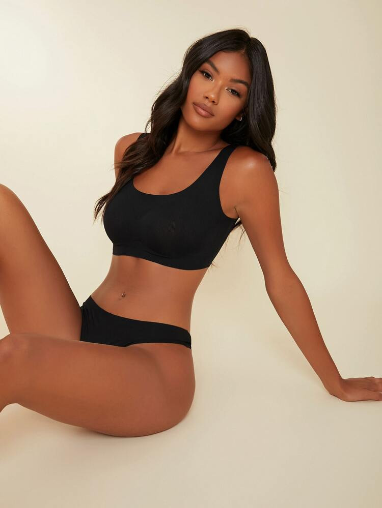 Microfiber Ribbed No Show Lingerie Set | SHEIN