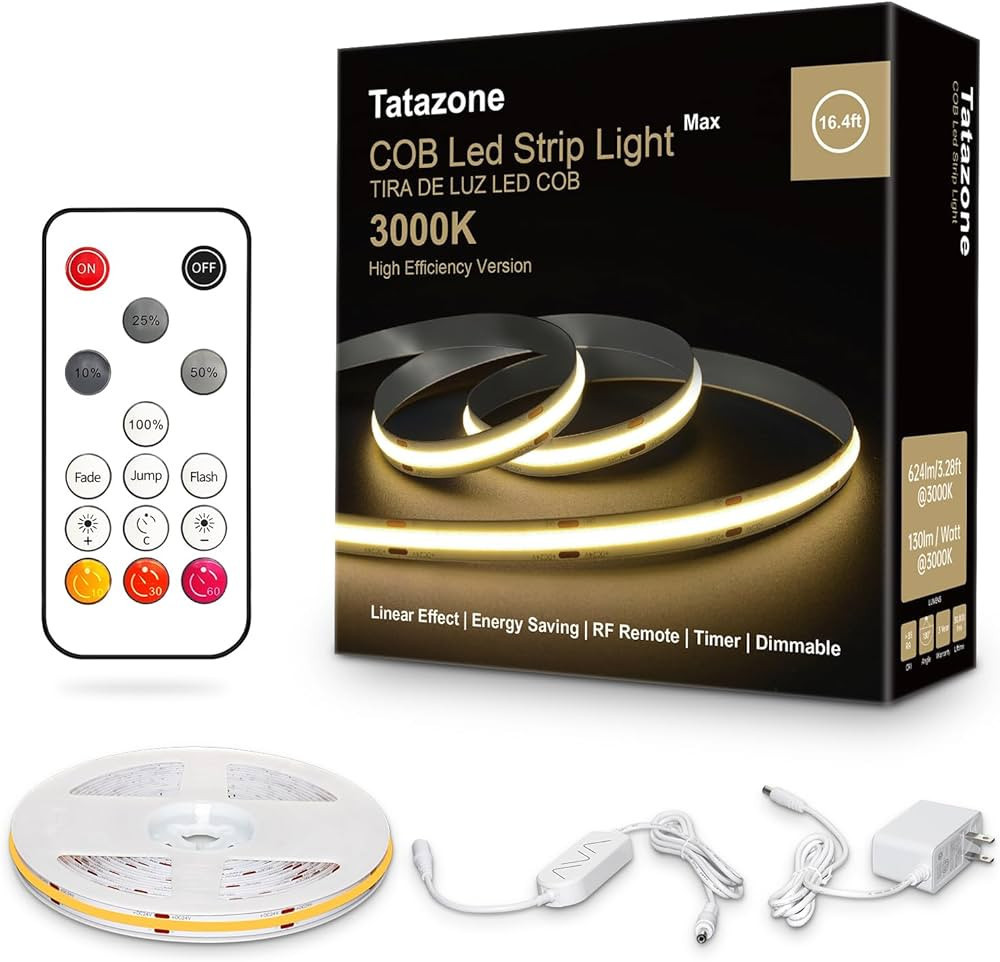 Tatazone White COB Led Strip Lights Max with RF Remote, 16.4ft 3000K Dimmable Ultra Bright Warm W... | Amazon (US)