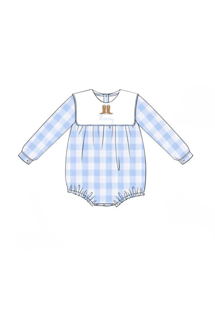 Pre-Order Custom Embroidered Cowboy Boots Gingham Bubble | The Smocked Flamingo