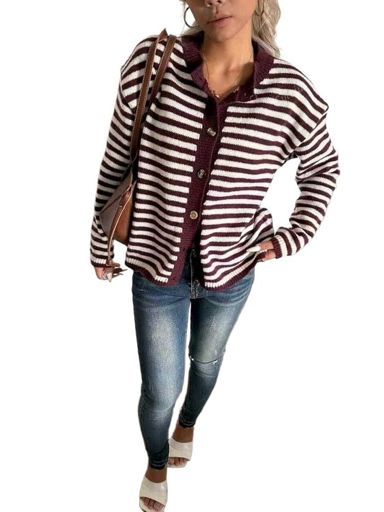 GORGLITTER Women's Striped Button Up Fall Cardigan 2025 Dressy Casual Long Sleeve Crewneck Fall F... | Amazon (US)
