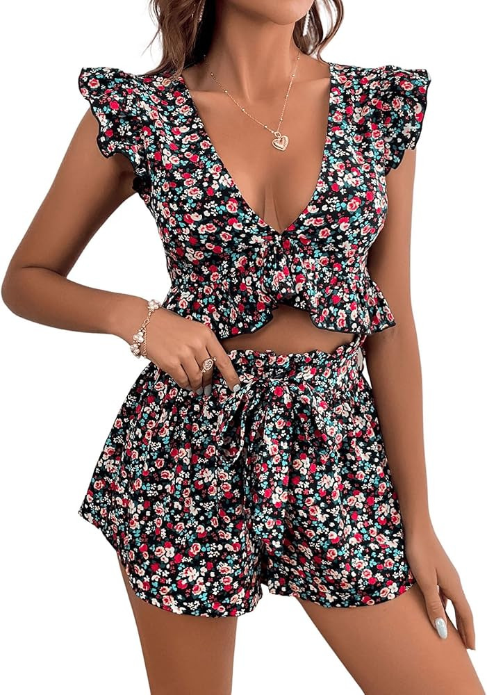 Verdusa Women's 2 Piece Outfit Floral Print Ruffled Crop Blouse and Belted Shorts Sets | Amazon (US)