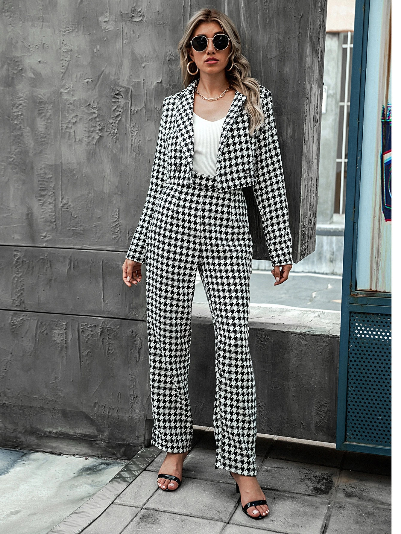 Notched Collar Houndstooth Blazer & Tweed Pants Set | SHEIN