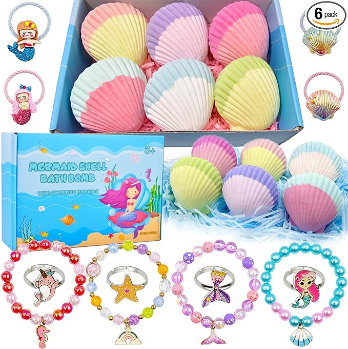 Mermaid Bath Bombs for Kids Girls with Surprise Inside, 6 Pcs Natural Fizzy Princess Fun Shell Bu... | Amazon (US)