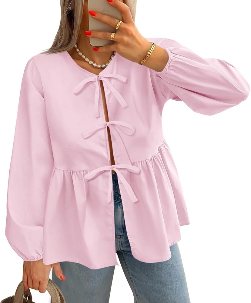 Tankaneo Womens Tie Front Tops Blouses Long Puff Sleeve Peplum Babydoll Bow Shirt Summer Coquette... | Amazon (US)