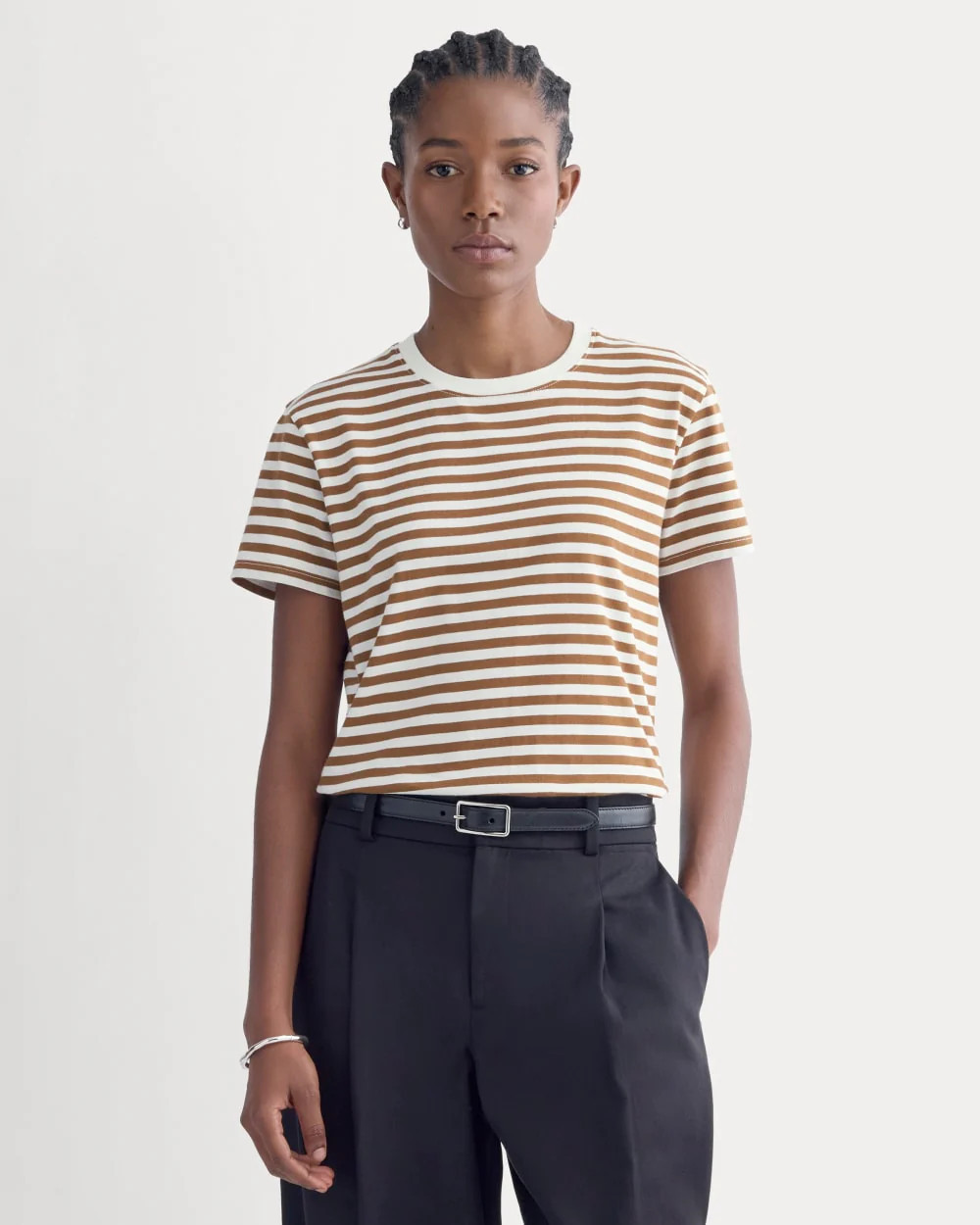 Women's Box-Cut T-Shirt in Essential Cotton by Everlane in Bone White/Toffee, Size XXL | Everlane