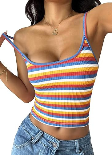 PRETTYGARDEN Women Summer Crop Tops Sleeveless Spaghetti Strap Tank Striped Cami Knit Y2K Clothes... | Amazon (US)