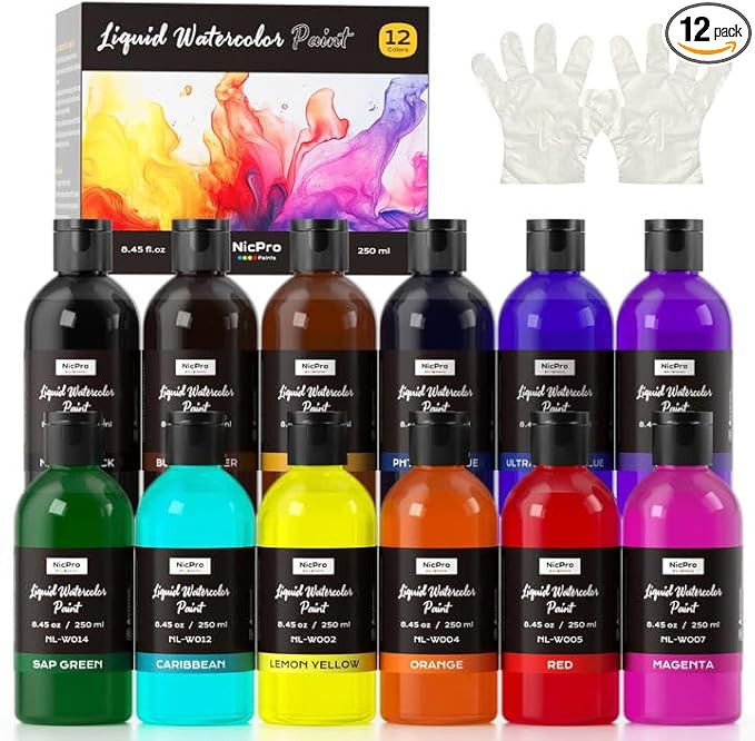Nicpro 12 Colors Liquid Watercolor Paint Set, 8.45oz Large Bulk Liquid Watercolor Paint, Non-Toxi... | Amazon (US)