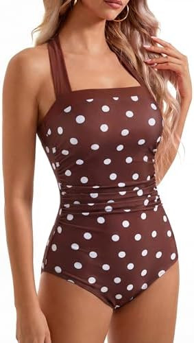 SUUKSESS Women Sexy Tummy Control One Piece Swimsuit Halter Retro Bathing Suit | Amazon (US)