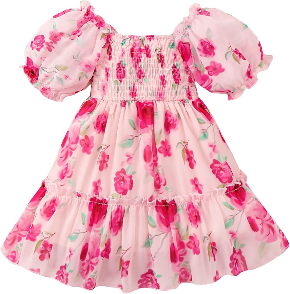 Kucnuzki Toddler Baby Girl Dress Short Sleeve Dress Summer Casual Boho Dresses Ruffle Floral Sund... | Amazon (US)