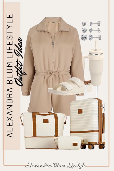 Travel outfit idea!! Cozy casual romper from Express! Travel carry on suitcase from Amazon! Beige sandals and earrings! Tumbler! 

#LTKitbag #LTKmidsize #LTKSeasonal
