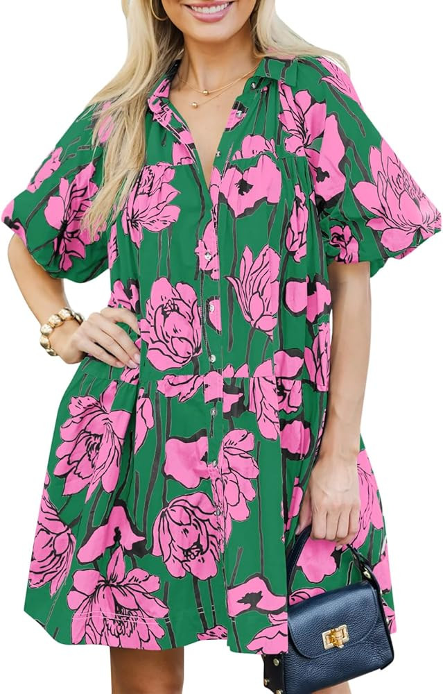 Wenrine Women's Summer Button Down Shirt Dress Floral Puff Short Sleeve Casual Loose Fit Beach Mi... | Amazon (US)