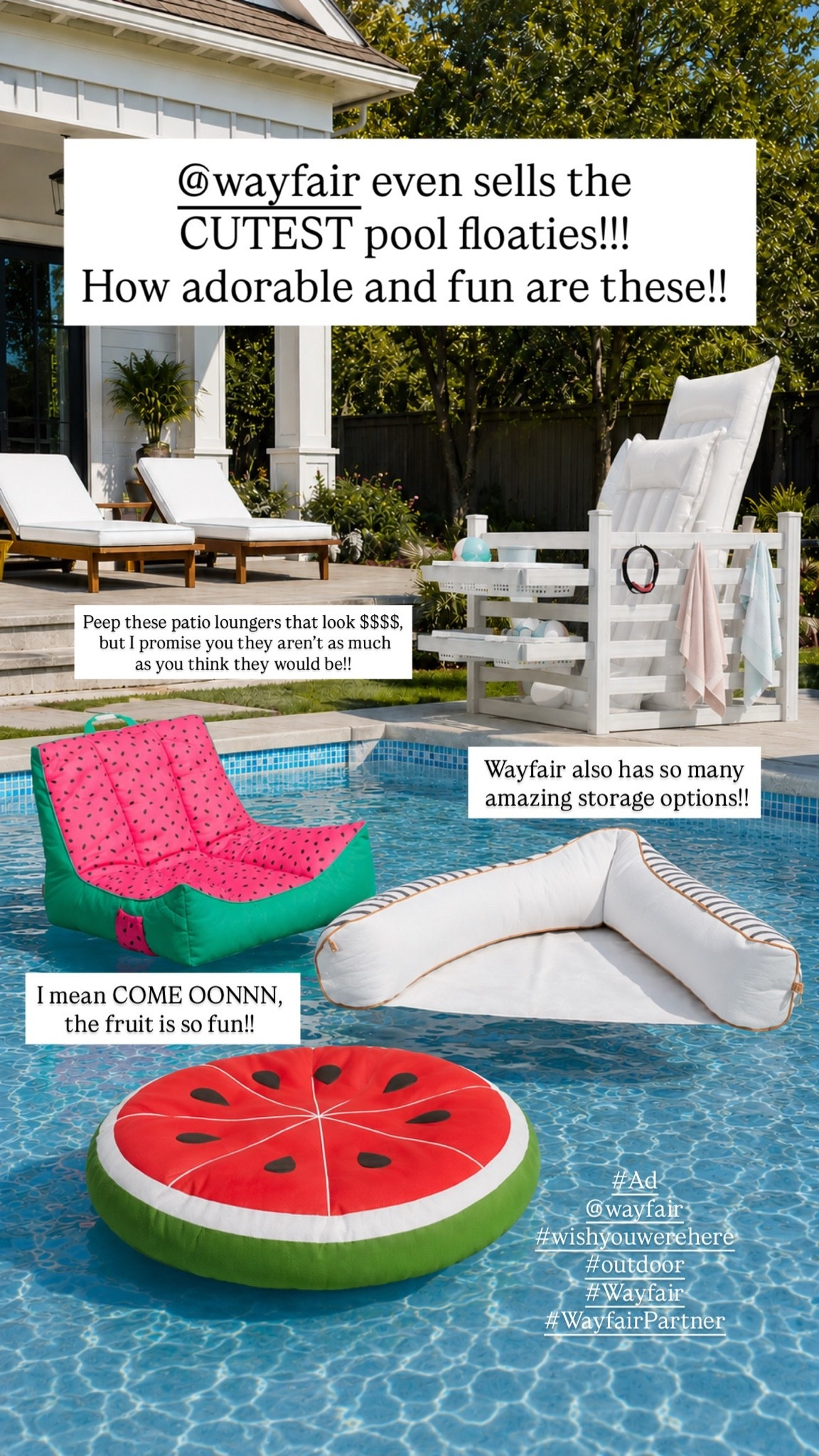 #Ad @Wayfair has the cutest pool floats and loungers for the summertime!! And they even have amazing storage options! 
#Wayfair #WayfairPartner #wishyouwerehere #outdoor