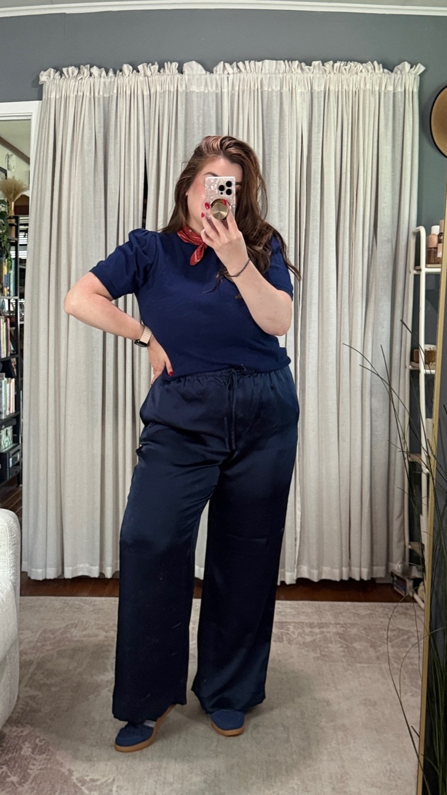Midsize WFH outfit details
Short sleeve sweater from J.crew factory (size XL)
Loft satin wide leg pants (size XL)
Bandana from Amazon 
Adidas sneakers
Loft rope cord bracelet

#LTKootd #LTKMidsize #LTKWorkwear