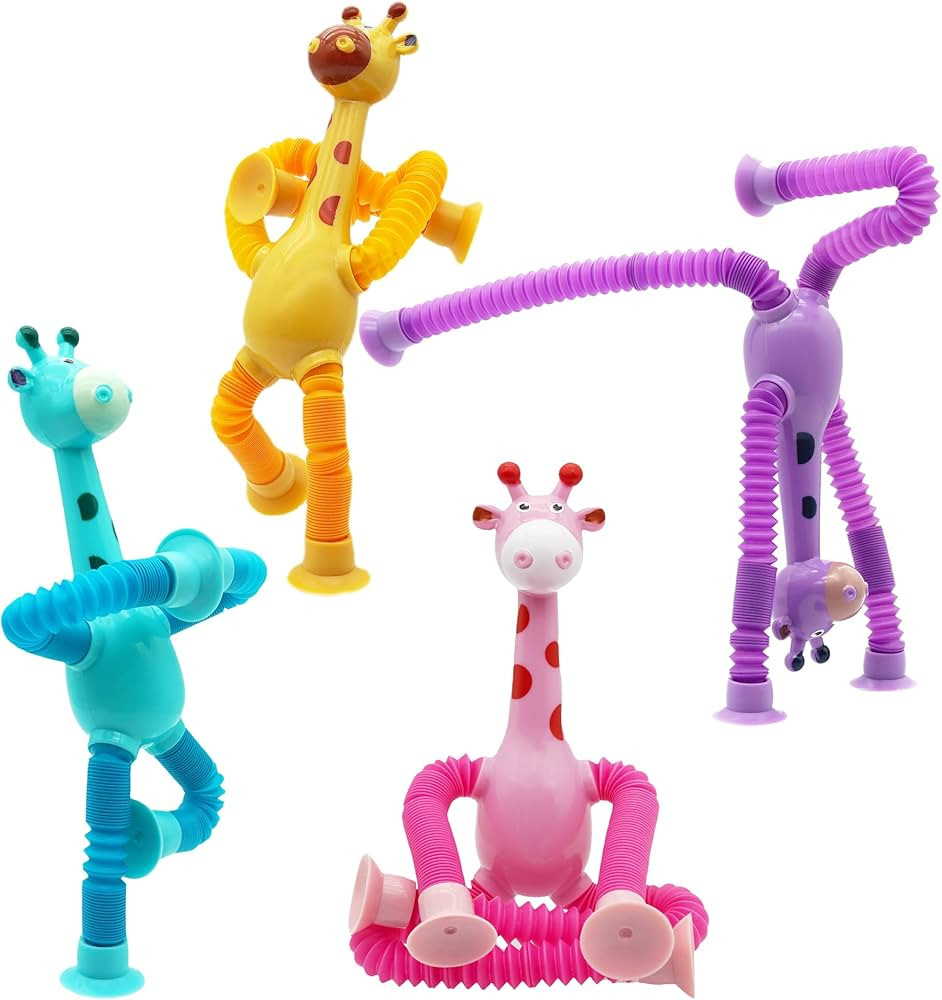 Pop Tube Giraffe, 4 Pack Telescopic Suction Cup Giraffe Toy, Stretchy Giraffe Suction Toy, Airpla... | Amazon (US)