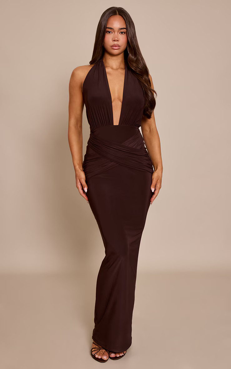 Chocolate Slinky Plunge Wrap Maxi Dress | PrettyLittleThing UK