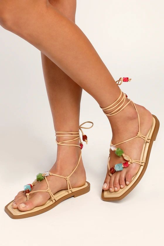 Gem Light Nude Leather Beaded Lace-Up Flat Sandals | Lulus (US)