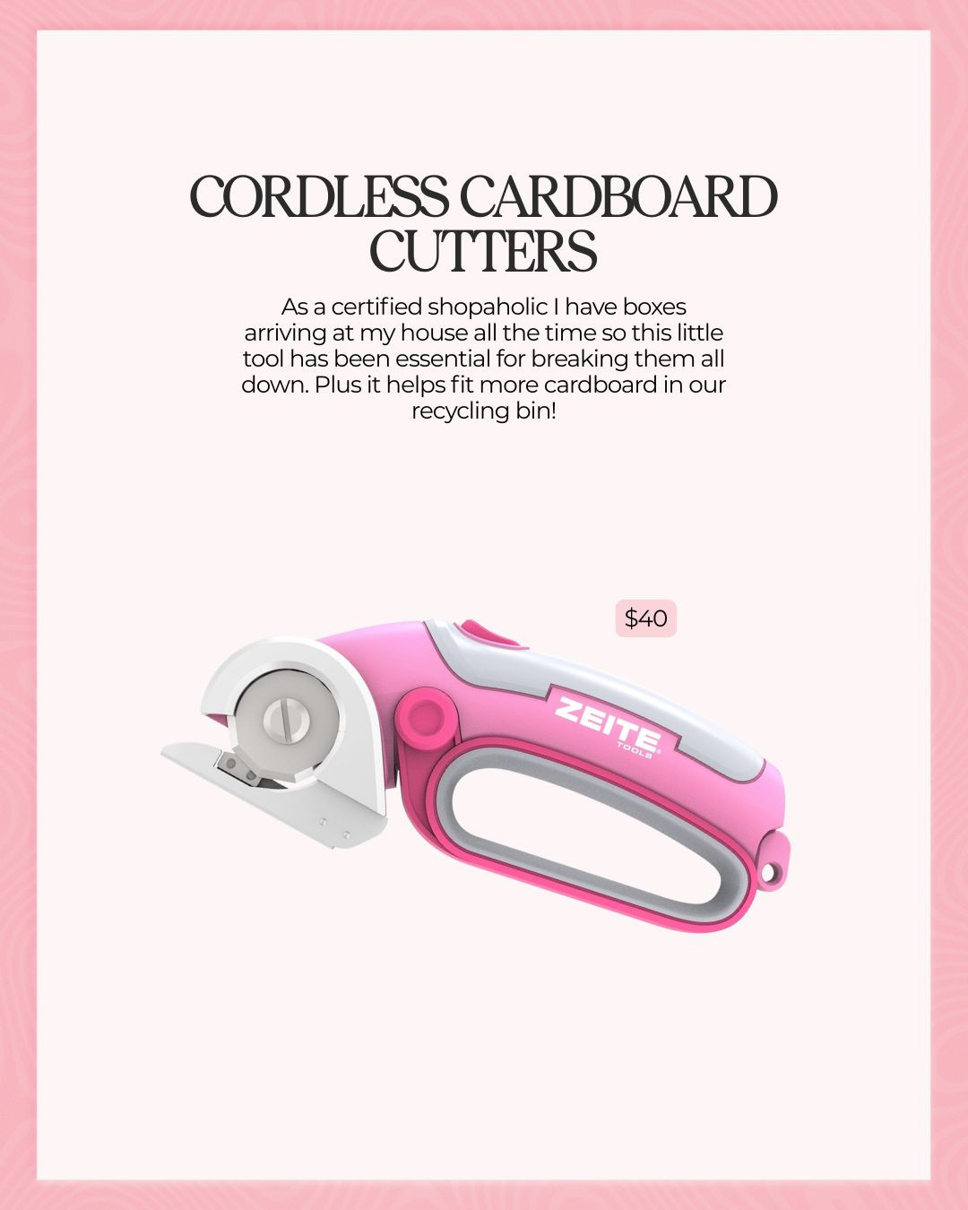 Handy and cute! I have been using this every week since I got it because I always have piles of boxes to fit in my recycling bin lol

Electric Box Cutter, Rotary Cutter, Cordless Electric Scissors, Cardboard Cutter,  Electric Cardboard Cutter 

 
