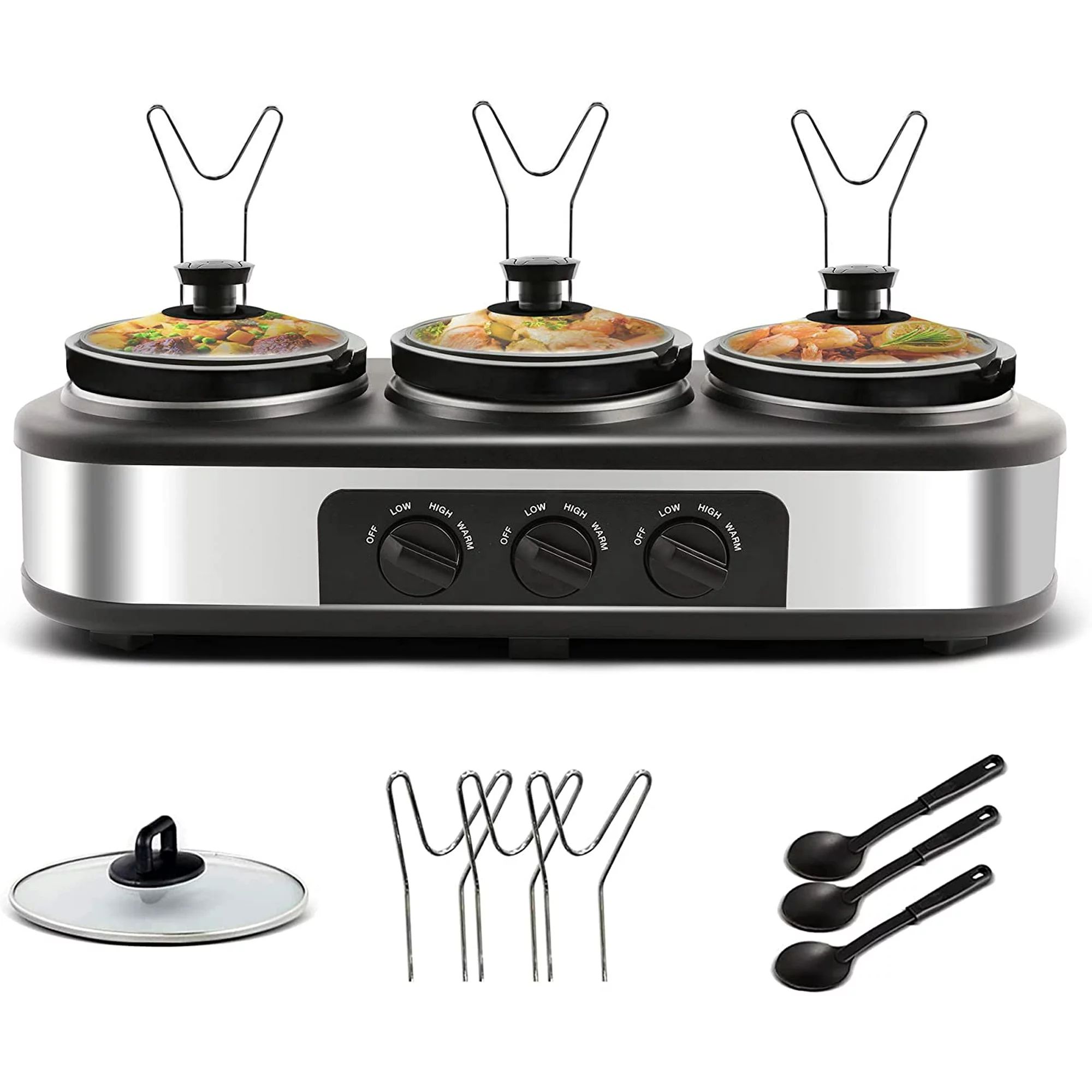 Triple Slow Cooker with 3 Spoons, 3 Pot 1.5 Quart Oval Crock Food Warmer Buffet Server, Stainless... | Walmart (US)