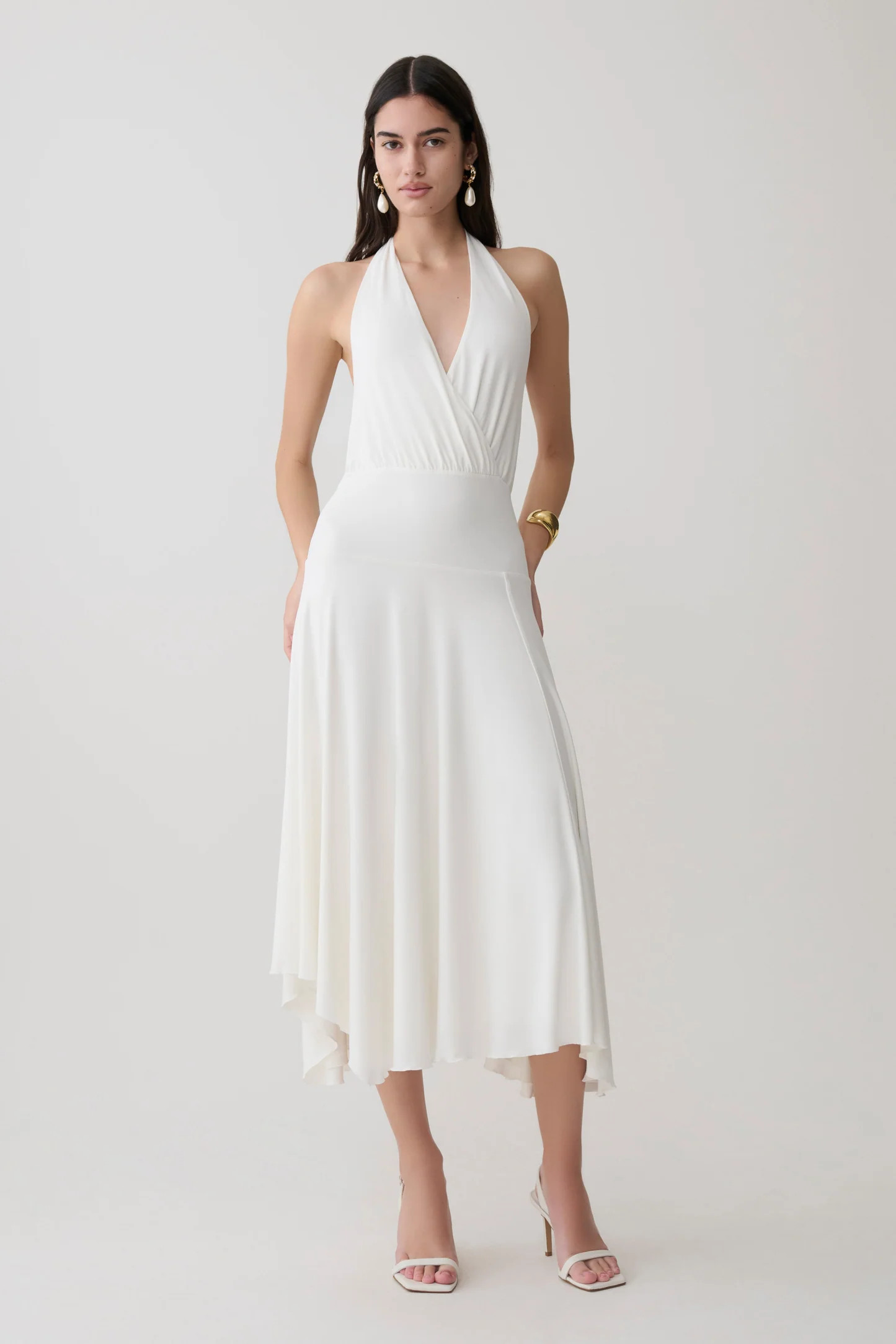 Krish Hankie Halter Midi Dress - White | MESHKI US