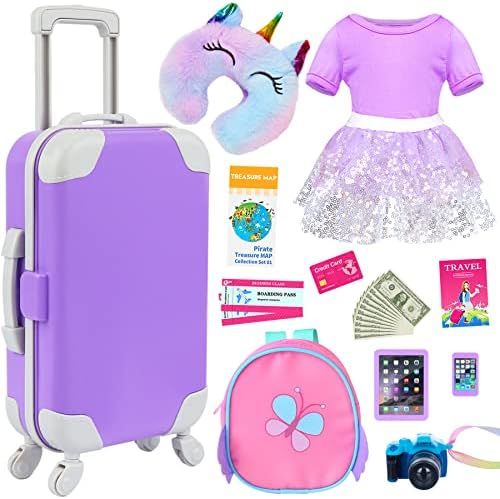 K.T. Fancy 23 pcs 18 Doll Accessories Suitcase Travel Luggage Play Set for 18 Inch Doll Travel Ca... | Amazon (US)