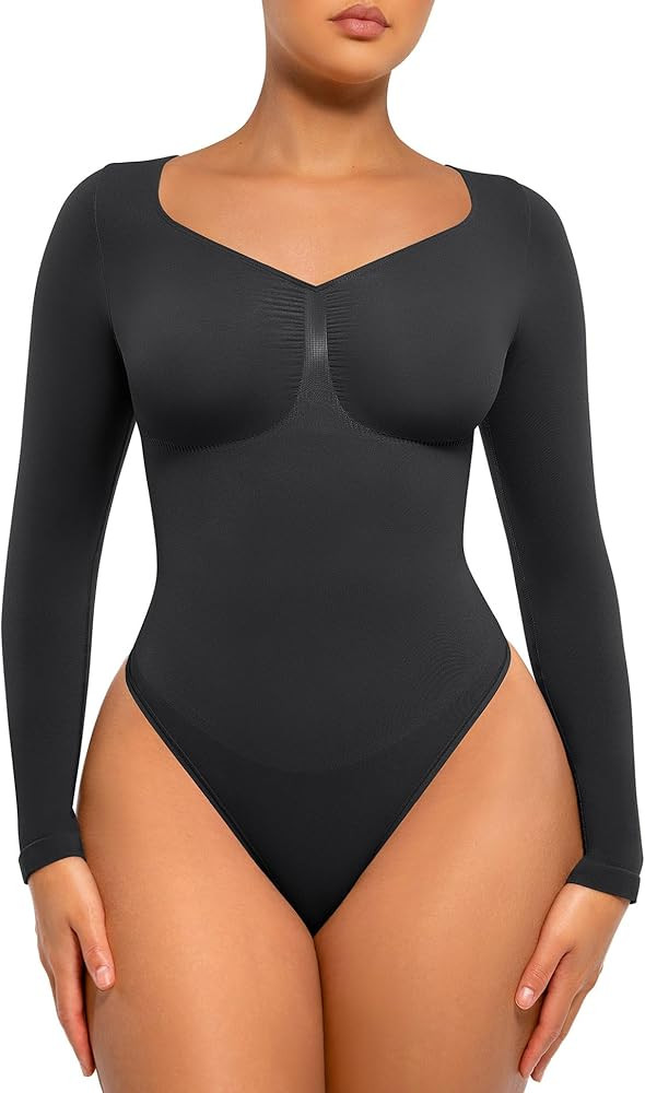 FeelinGirl Women's Long Sleeve Bodysuit for Tummy Control Seamless Body Suits Thong V Neck Going ... | Amazon (US)