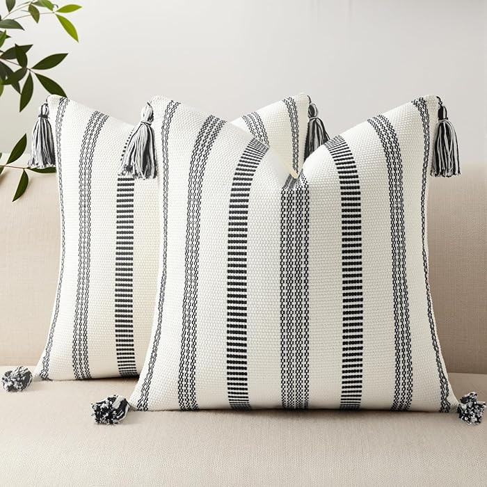 Smile Bee Boho Outdoor Couch Throw Pillow Covers Set of 2, Decorative Thick Woven Striped Accent ... | Amazon (US)