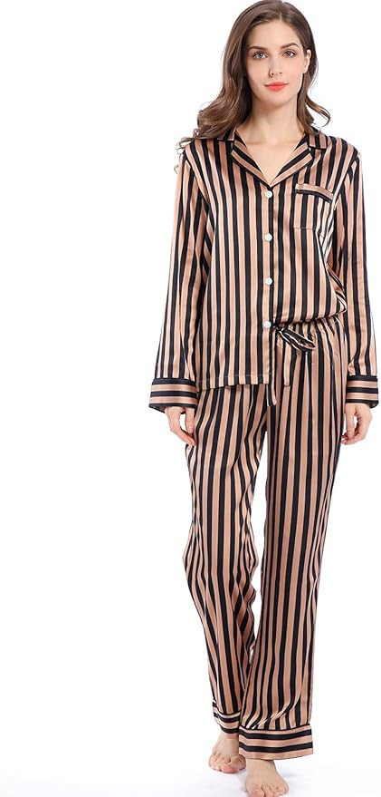 Serenedelicacy Women's Satin Pajama Set Long Sleeve Button Down Sleepwear 2-Piece Striped Silky P... | Amazon (US)