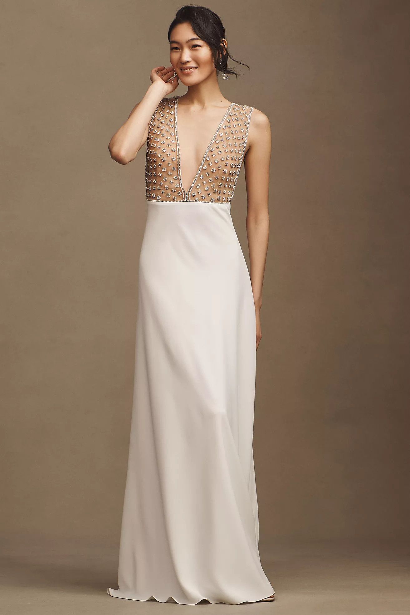 Costarellos Bianna Crystal V-Neck Column Wedding Gown | Anthropologie (US)