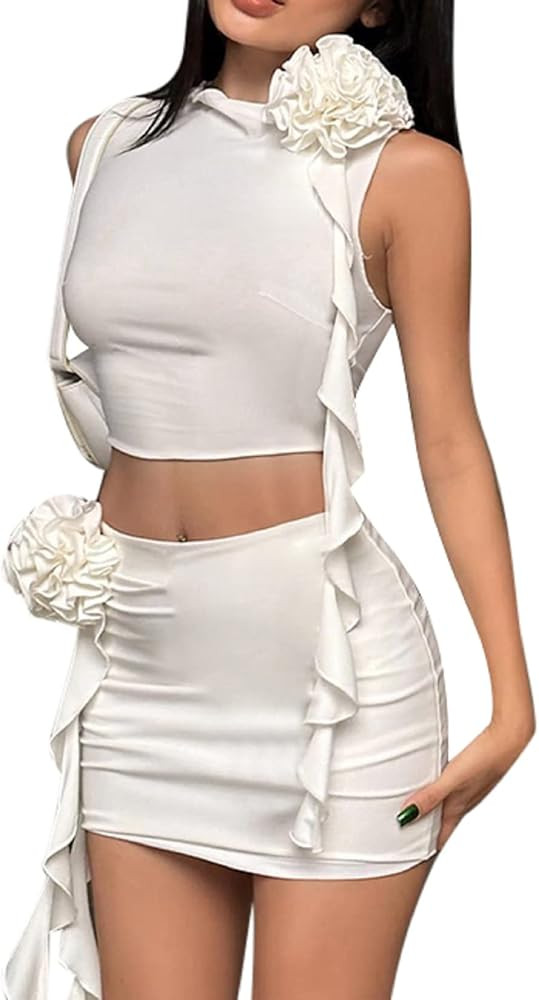 Women Y2K Ruffle 2 Piece Skirt Set Off Shoulder Sheer Mesh Tube Top Fringed Irregular Skirts Outf... | Amazon (US)