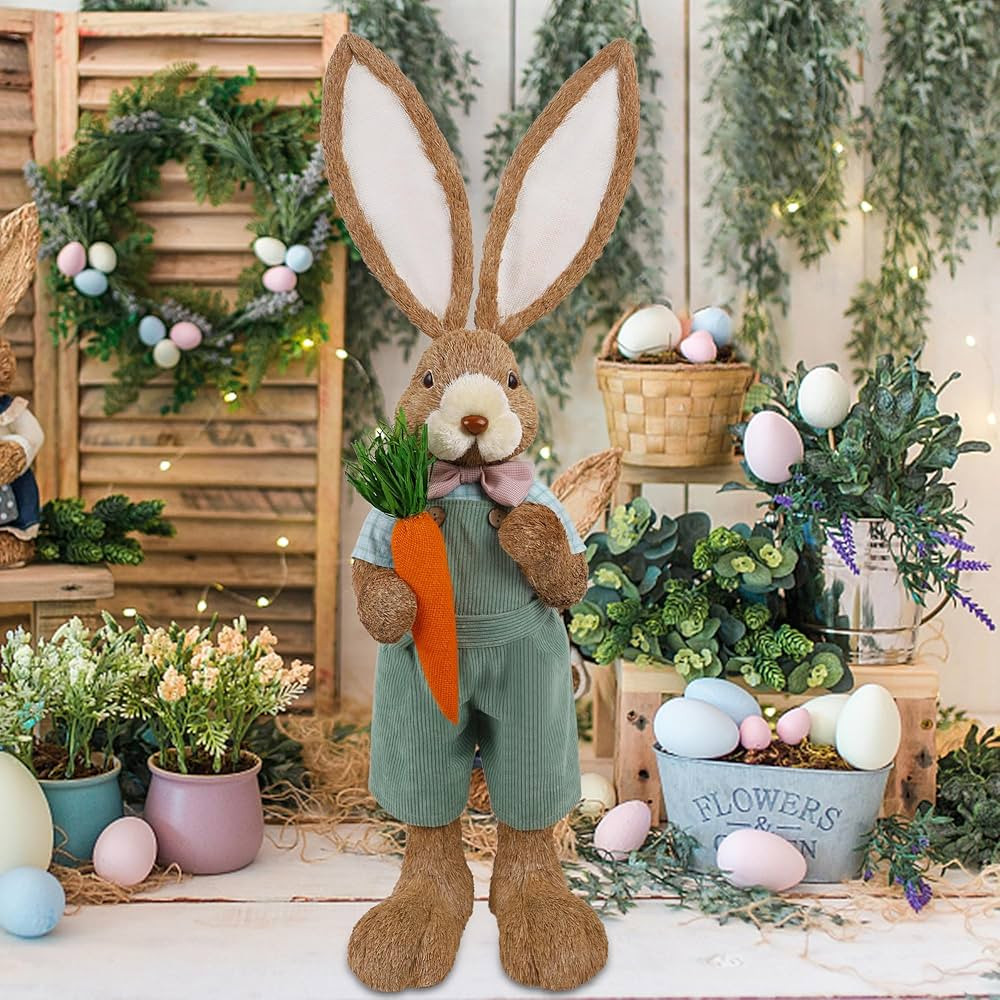 DR.DUDU Large Sisal Easter Bunny Decoration, 2.7 ft Standing Rabbit Figure with Carrot, Spring De... | Amazon (US)
