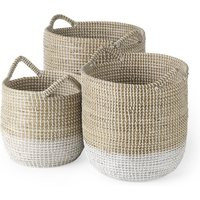 Mercana Maddie 13.8L x 13.8W X 15.0H (Set of 3) Light Brown W/White Dipped Seagrass Round Basket W/ Handles in Brown/white by DecoratorsBest | DecoratorsBest