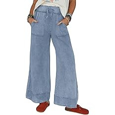 Athlisan Womens Casual Wide Leg Sweatpants Acid Wash Elastic Waisted Palazzo Pants Trousers with ... | Amazon (US)