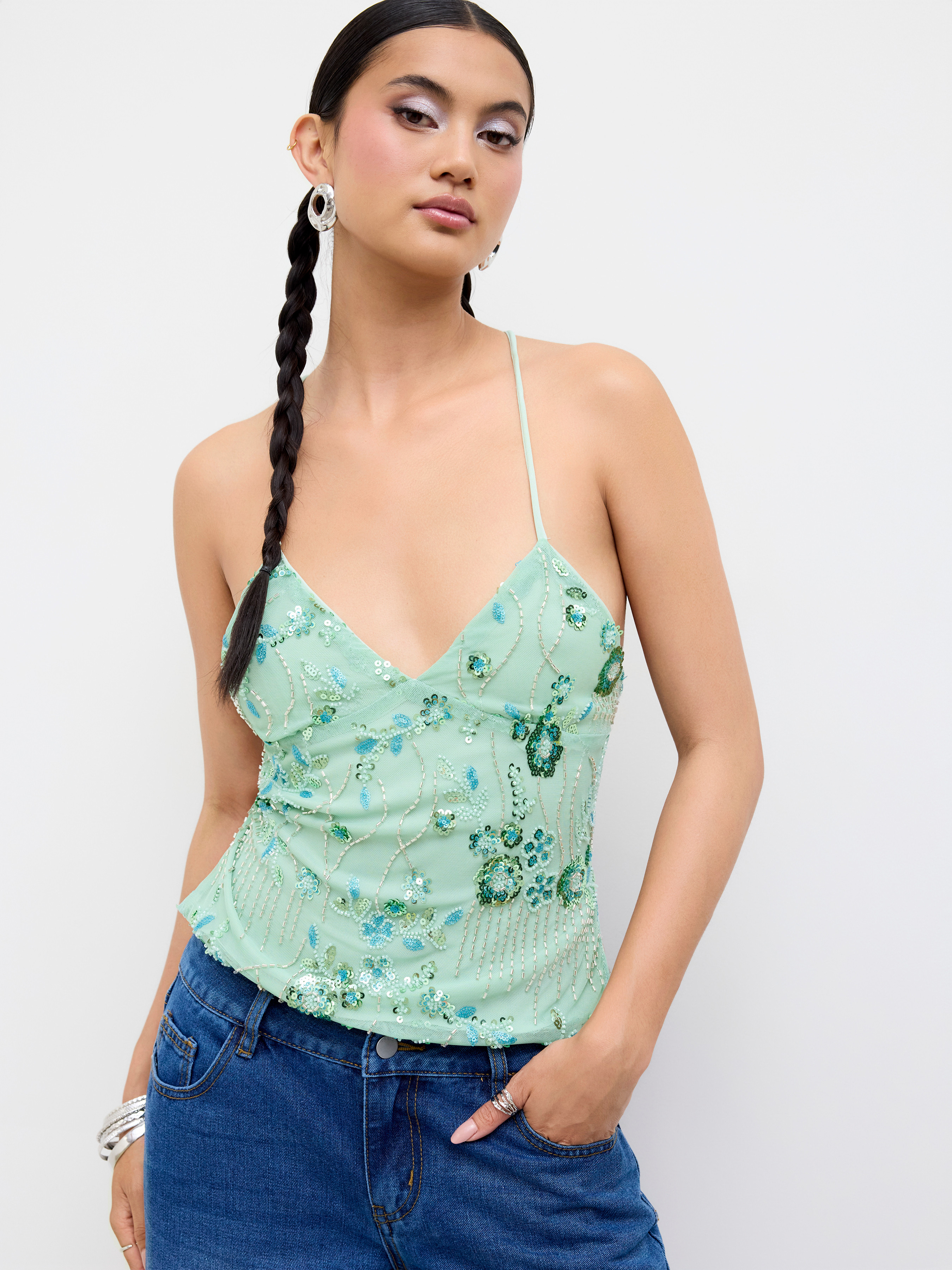 Sequins Sequin V-neck Floral Backless Cami Top For Music Festival/Live House | Cider