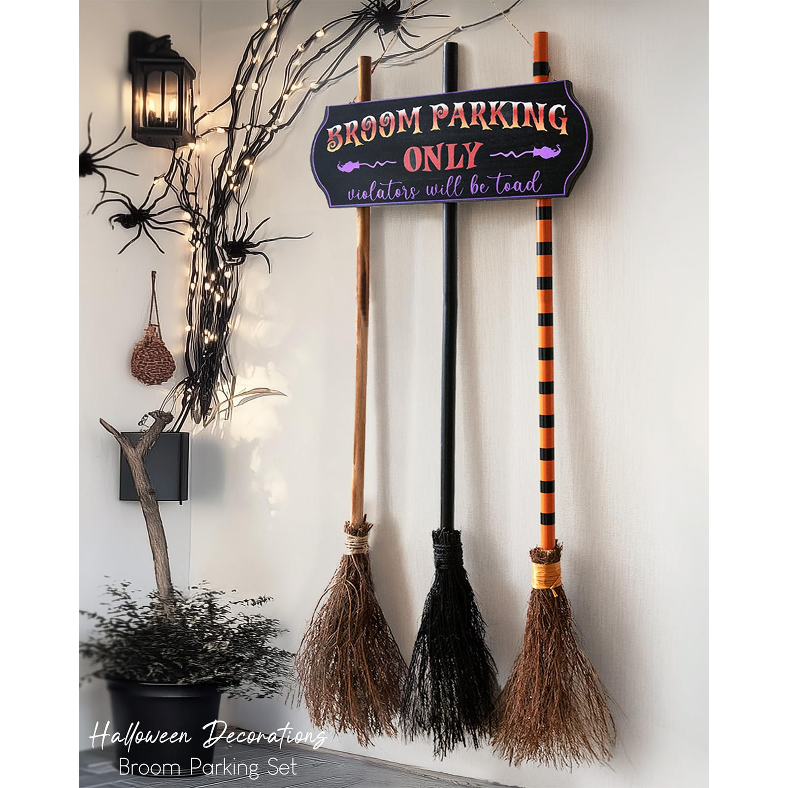 Halloween Decorations - Halloween Decor - Broom Parking Sign with 3 Wooden Witches Brooms - Cute ... | Amazon (US)
