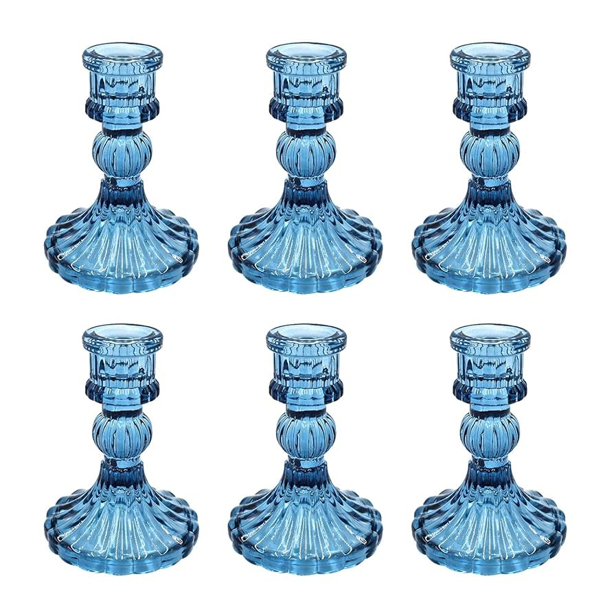 Glass Candlestick Holders Set of 6, Blue Stripe Taper Candle Holders for Table Centerpiece, Home ... | Amazon (US)
