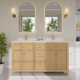 Pendry 60 in. Double Freestanding Tanned Oak Bath Vanity with Giotto Quartz Top Assembled | The Home Depot