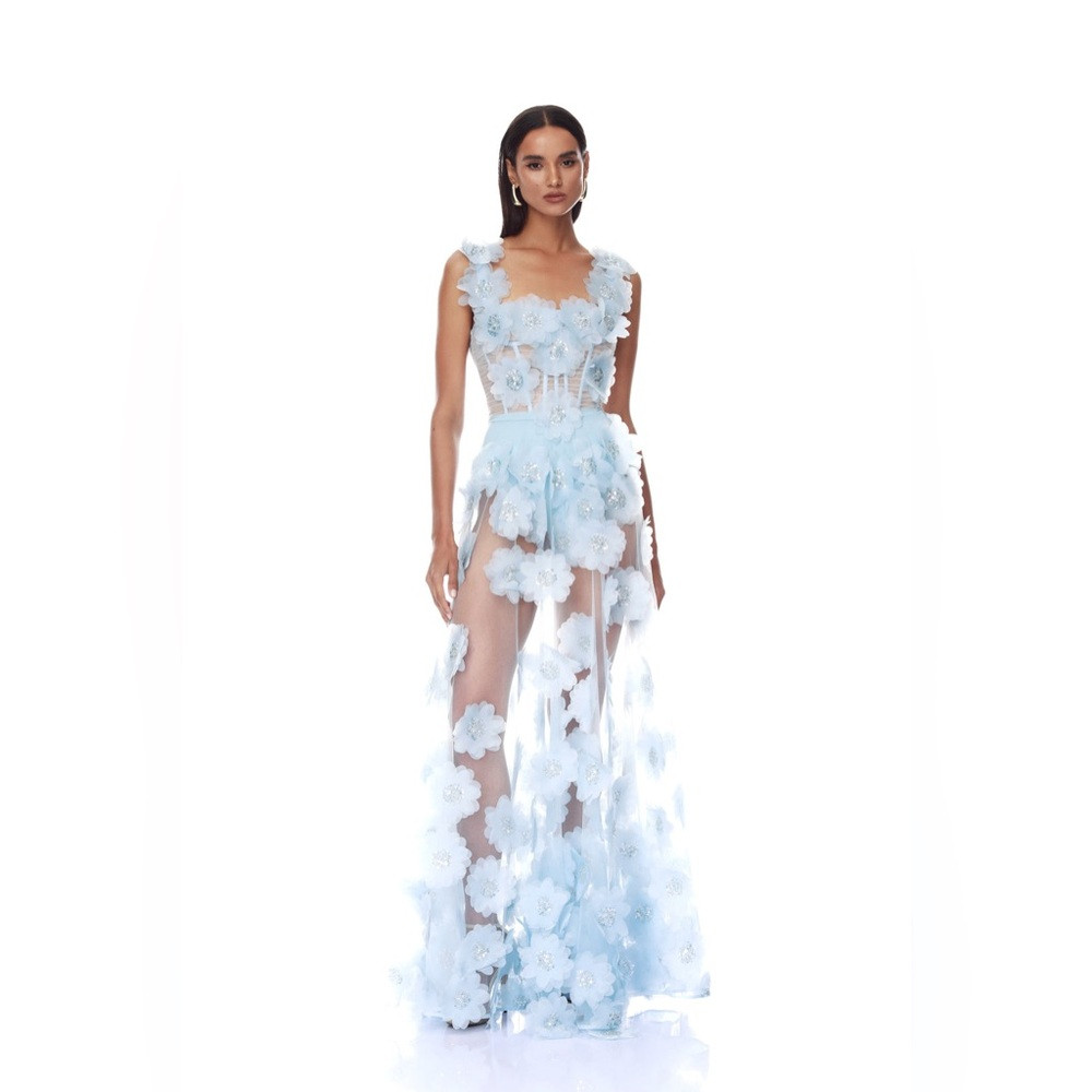 Bronx & Banco Powder Blue Floral Appliqued Embellished Rosalie Gown M NWOT | Poshmark