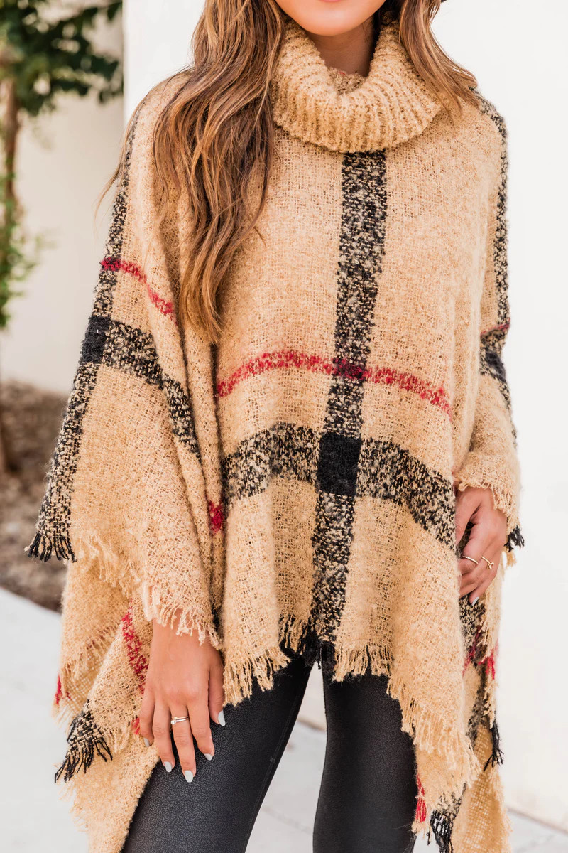 Stay Classy Tan Plaid Poncho | The Pink Lily Boutique