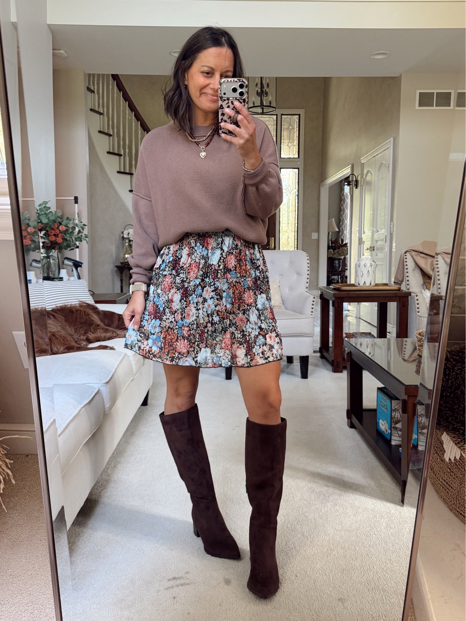 Fall family photo outfit idea! Thanksgiving outfit idea! 

Skort runs true to size, sweater runs big - wearing a small in both.