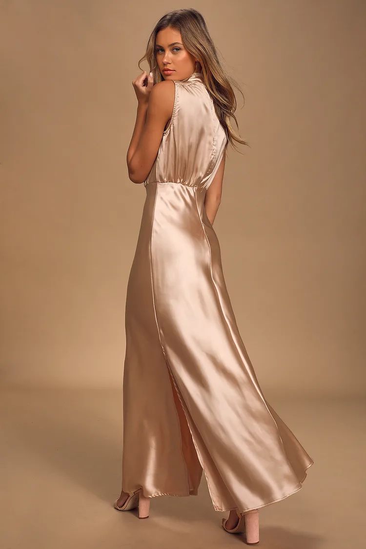 Classic Elegance Champagne Satin Sleeveless Mock Neck Maxi Dress | Lulus (US)