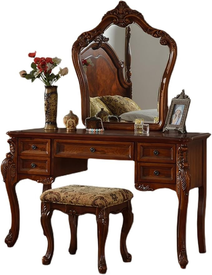 Mid Century Antique Makeup Vanity 39in, European Vintage Brown Makeup Table with 5 Drawers and Mi... | Amazon (US)