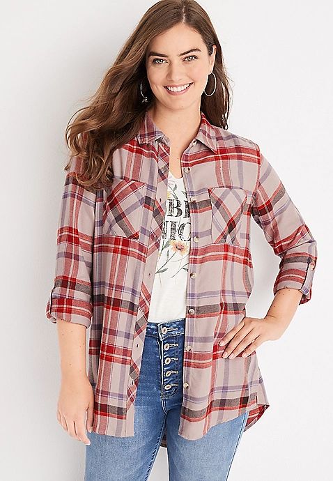 Cabin Plaid High Low Tunic Button Down Shirt | Maurices